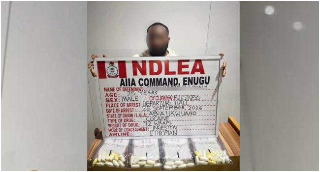 NDLEA Arrests Newlywed With 72 Wraps Of Cocaine At Enugu Airport